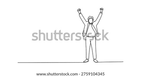 Continuous line drawing of a businessman celebrating success with arms raised high in the air.