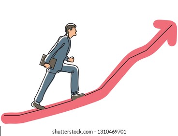 continuous line drawing of businessman climbing on steep scoop