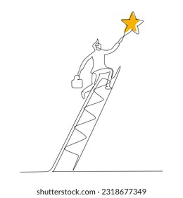 continuous line drawing of a businessman climbing the ladder to reach a star. Concept of struggle and fighting for success in business