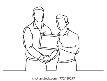 continuous line drawing of businessman congratulates another with certificate