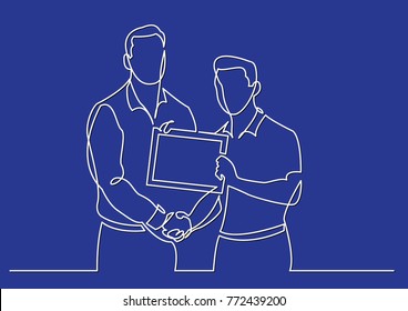 continuous line drawing of businessman congratulates another with certificate
