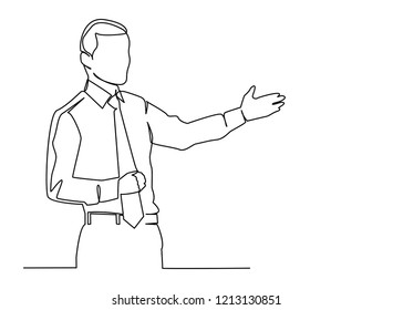 Continuous line, drawing of Businessman is explaining business meeting vector illustration.