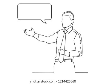 Continuous line, drawing of Businessman is explaining business meeting vector illustration.
with dialog speech bubbles