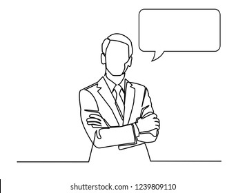 Continuous line, drawing of Businessman is explaining business meeting vector illustration With dialog speech bubbles