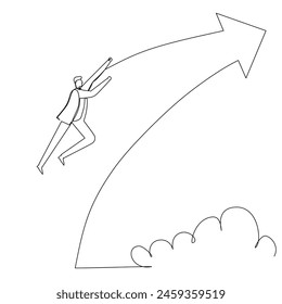 Continuous line drawing of businessman flying into the arrow of goals. goal setting and business concept