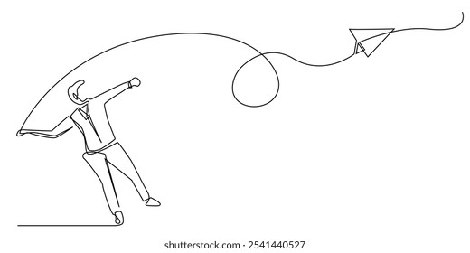 continuous line drawing of businessman flying a paper plane.one line drawing of office man throwing a paper plane.single line vector illustration.isolated white background