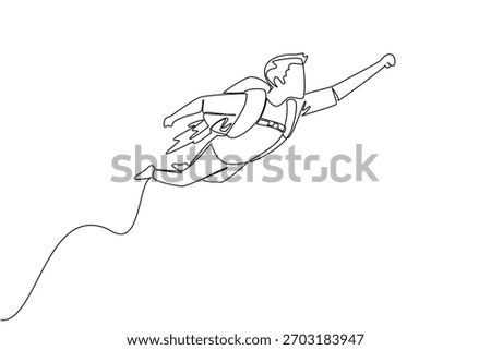 Continuous line drawing of a businessman flying upwards with a jetpack on his back, representing quick career progression and accelerated success. National Productive Business Civility Day