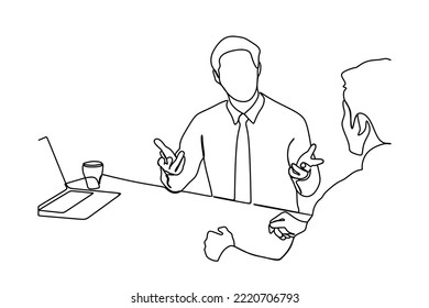 continuous line drawing of businessman giving construction to his colleague