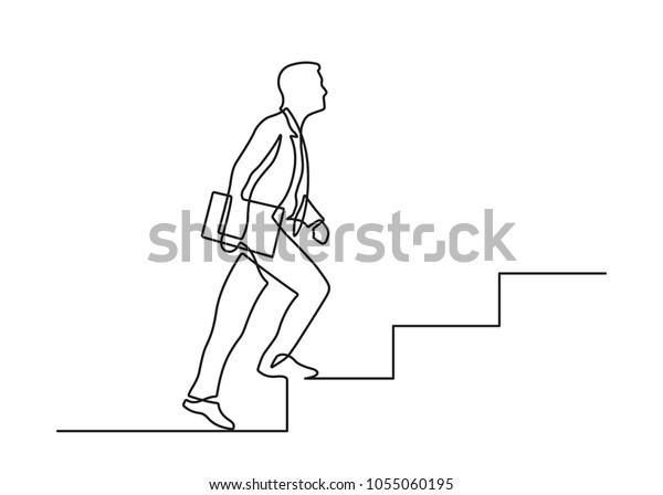 Continuous line drawing of businessman going\
up the stairs. Vector\
illustration