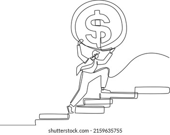 Continuous line drawing of businessman with gold coins on his head walking up stairs  to achieve financial goal. Finance and Investment. Single line draw design vector graphic illustration.