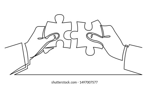 continuous line drawing of businessman hands connecting puzzle pieces together