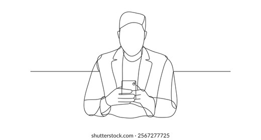 Continuous line drawing of businessman hold the mobile phone reading or receiving a message. Hand drawn single line vector illustration