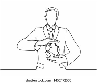 Continuous line drawing of businessman holding the world in the palm of hands concept for global business, communications, politics or environmental conservation Earth isolated on white background