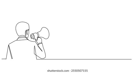 continuous line drawing of businessman holding loudspeaker.one line drawing of person in suit doing promotion.business marketing.simple single line vector.isolated white background