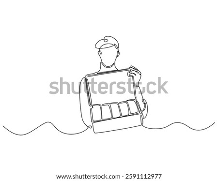 Continuous line drawing of businessman holding money suitcase. Single line illustration of success man hold opened suitcase. Buy, purchase concept. Editable outline

