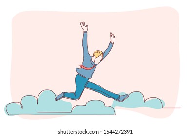 continuous line drawing of businessman jumping with joy vector illustration