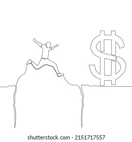 Continuous Line Drawing Businessman Jumps To Money Through Abyss Concept