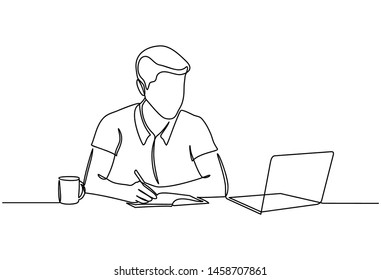 Continuous line drawing of businessman with laptops. Concept of young people using mobile devices. businessman with cup of coffee using laptop at home or office isolated on white background.