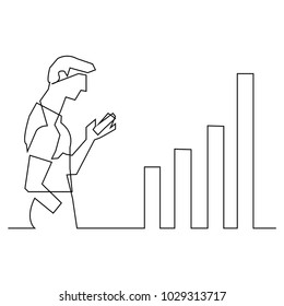 continuous line drawing of a businessman Looking at vector illustrations business chart.
