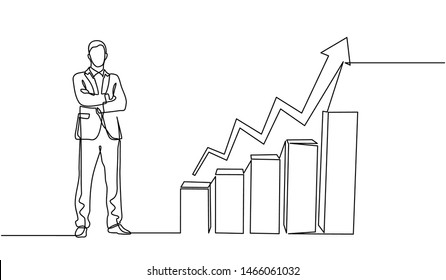 continuous line drawing of Businessman looking for investment opportunity standing on growth graph. concept of business success through growth graph. Investor. Profit Stock Market. Business concept.