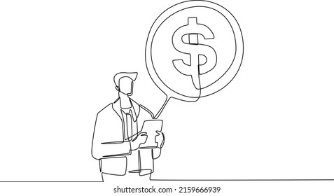 Continuous line drawing of businessman looking at payment records for his office. Finance and Investment. Single line draw design vector graphic illustration.