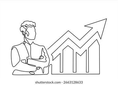 Continuous line drawing of Businessman looking for investment opportunity standing on growth graph. concept of business success through growth graph. Investor. Business concept. Hand drawn. Editable 