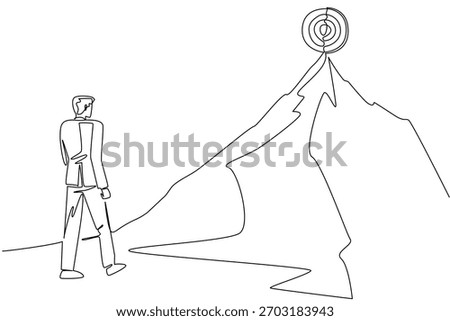 Continuous line drawing of a businessman looking up at a target board bullseye placed on the peak of a high, jagged mountain. Challenging goal or objective. National Productive Business Civility Day