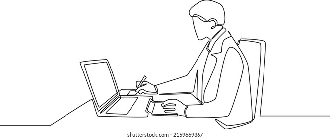 Continuous line drawing of businessman make records and calculating finance report on the laptop. Finance and Investment. Single line draw design vector graphic illustration.