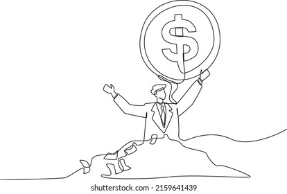 Continuous line drawing of businessman meditating with coin money in his head. Finance and Investment. Single line draw design vector graphic illustration.