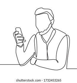 continuous line drawing of businessman operates smartphones. Young men like to exchange messages with friends, using internet connections in modern electronic gadgets