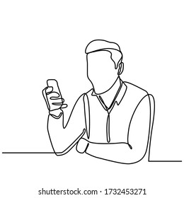 continuous line drawing of businessman operates smartphones. Young men like to exchange messages with friends, using internet connections in modern electronic gadgets