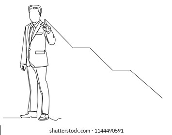 Continuous line drawing of a businessman pointing to a line, arrow, concepts grow the business.