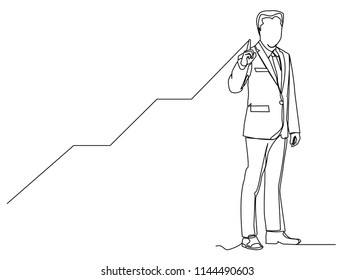 Continuous line drawing of a businessman pointing to a line, arrow, concepts grow the business.