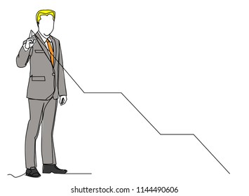 Continuous line drawing of a businessman pointing to a line, arrow, concepts grow the business.
