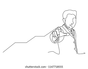 Continuous line drawing of a businessman pointing to a line, arrow, concepts grow the business.