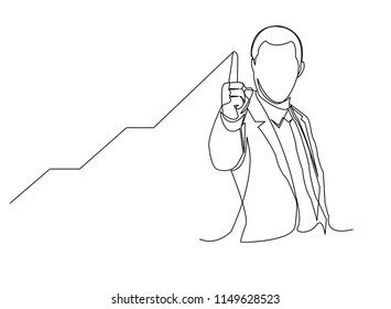 Continuous line drawing of a businessman pointing to a line, arrow, concepts grow the business.