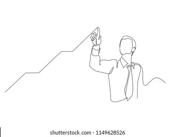 Continuous line drawing of a businessman pointing to a line, arrow, concepts grow the business.