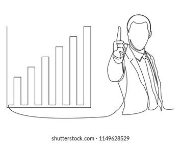 Continuous line drawing of a businessman pointing to a line, arrow, concepts grow the business.