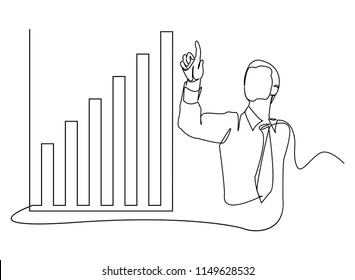 Continuous line drawing of a businessman pointing to a line, arrow, concepts grow the business.