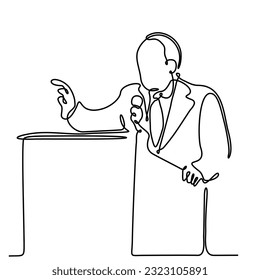 continuous line drawing of businessman pointing and talking at podium vector illustration