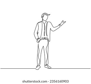 Continuous line drawing businessman pointing. people business theme, marketing and meeting concept presentation.