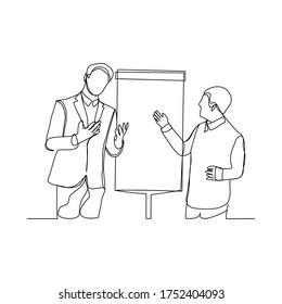 Continuous line drawing of businessman presentaion in meeting. Vector illustration