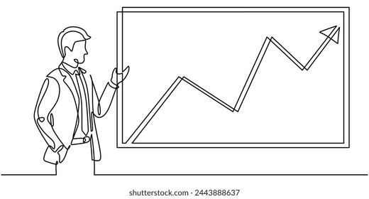 continuous line drawing of businessman presentation graphic chart.