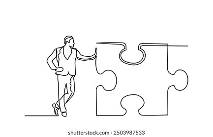 Continuous line drawing Businessman pushing puzzle elements. man connecting pieces of puzzle elements. Teamwork concept
