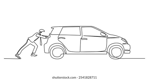 continuous line drawing of businessman pushing a car.one line drawing of business man in suit pushing broken down car.single line vector illustration.isolated white background