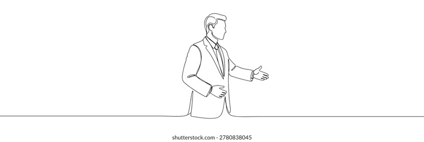 Continuous line drawing of a businessman reaching for a handshake agreement