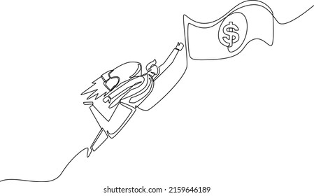 Continuous line drawing of businessman with rocket flying with money. Finance and Investment. Single line draw design vector graphic illustration.