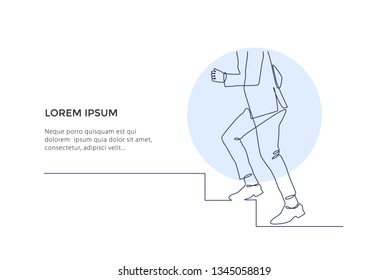 Continuous Line Drawing Businessman running fast upstairs. Horizontal outdoors shot vector illustration. Vector