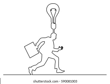 continuous line drawing of businessman running with brilliant idea