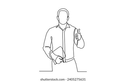 Continuous line drawing of the businessman showing thumbs up with a tab. businessman showing thumb up sign. the concept of ok, done, success, gesture,